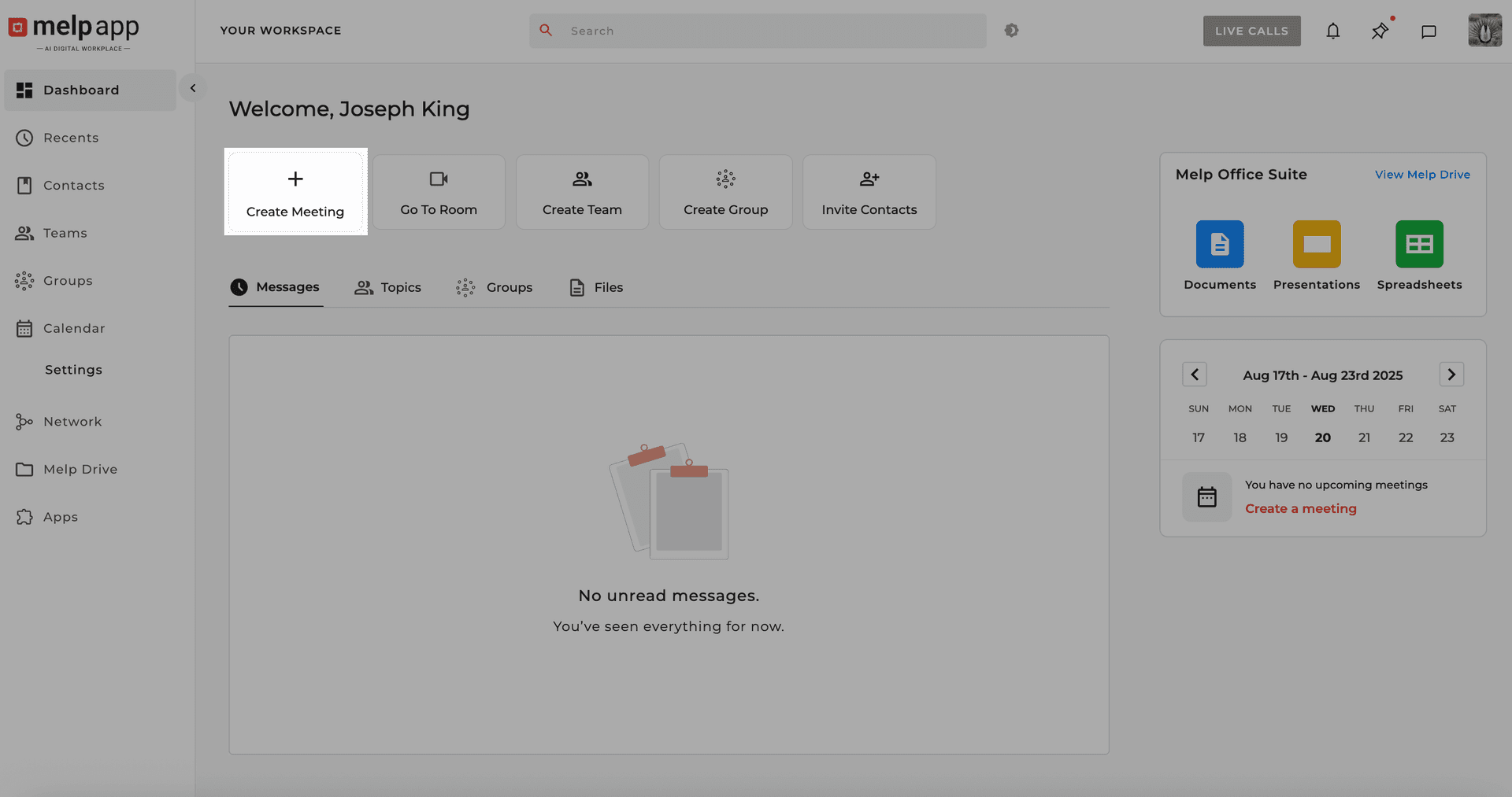 Create meeting from dashboard