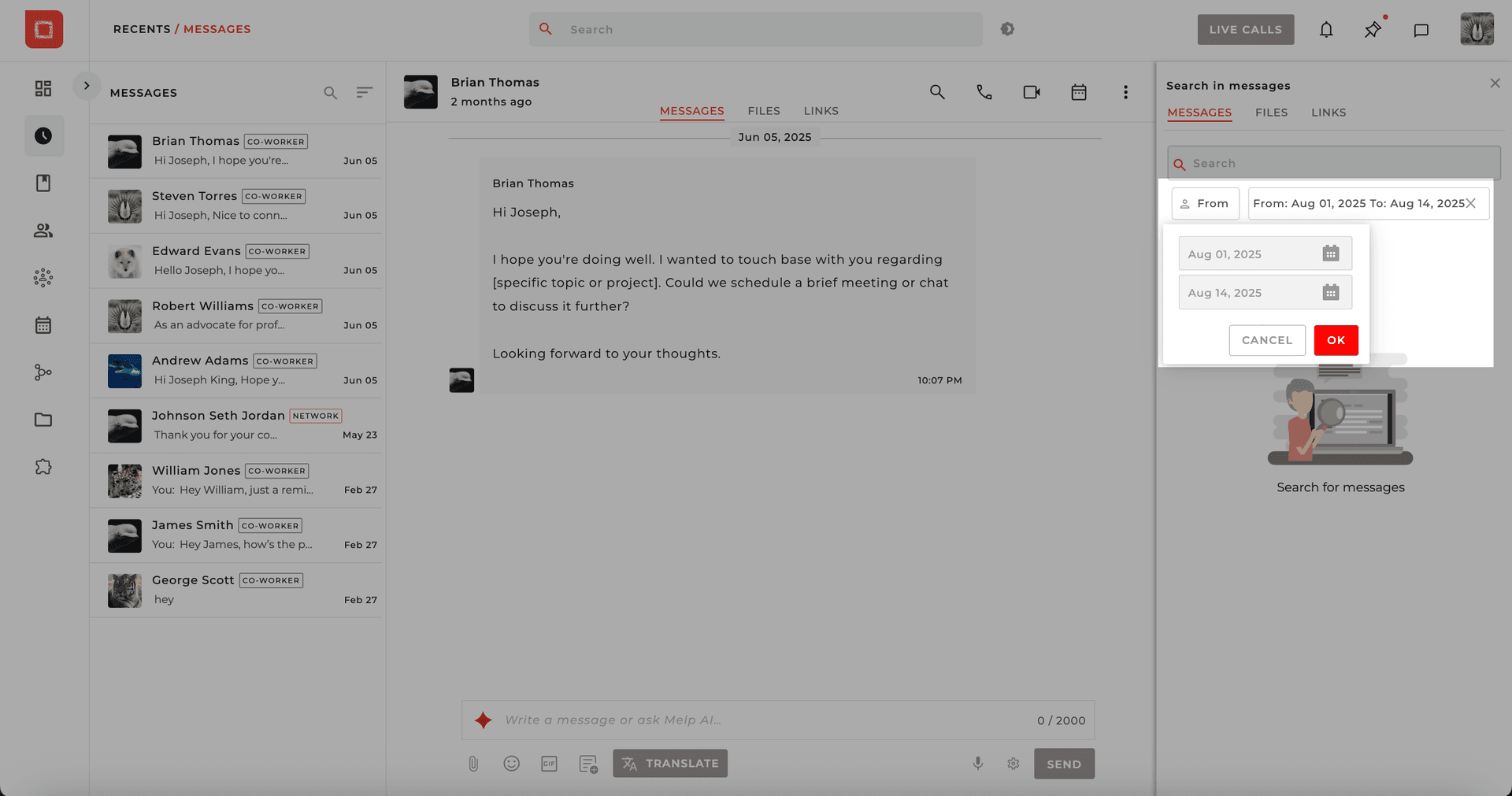 Chat search date filter