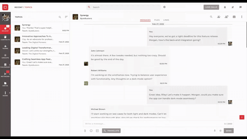 Team collaboration app showing message search by person and date on Melp platform