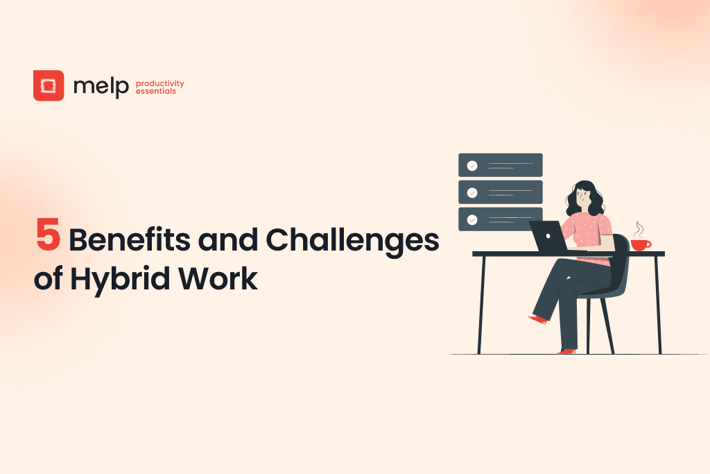 Benefits and challenges of hybrid work banner with woman working on laptop at desk