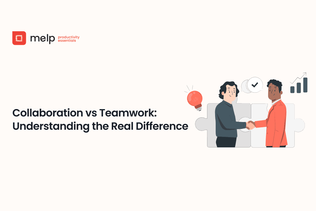 Collaboration vs teamwork banner with two professionals shaking hands beside growth and checklist icons