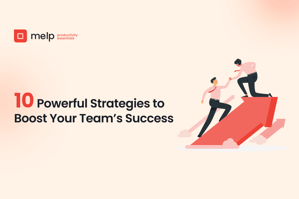 Two professionals helping each other climb an upward arrow, symbolizing strategies for team success.