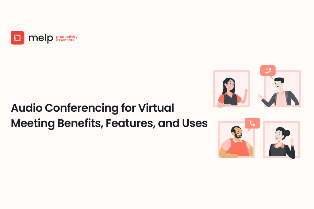 Virtual meeting illustration with professionals on audio calls, highlighting key audio conferencing benefits for work