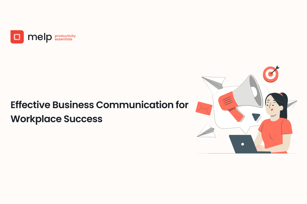 Effective business communication banner with laptop, megaphone, and target for workplace success