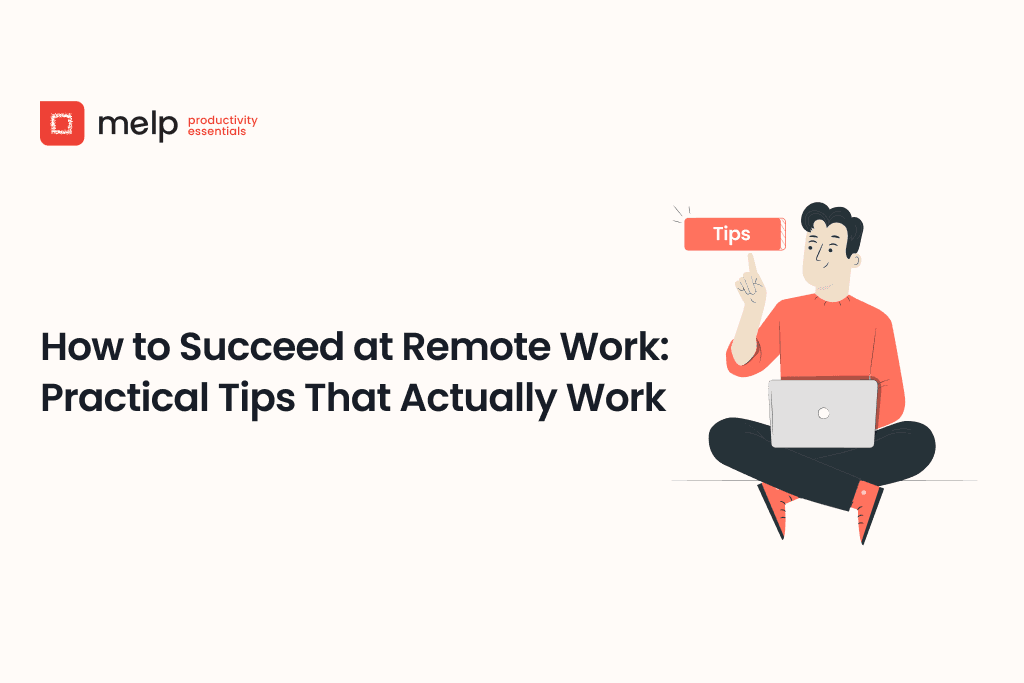 Remote work tips banner with a person on a laptop, sharing practical strategies for productive work from home.