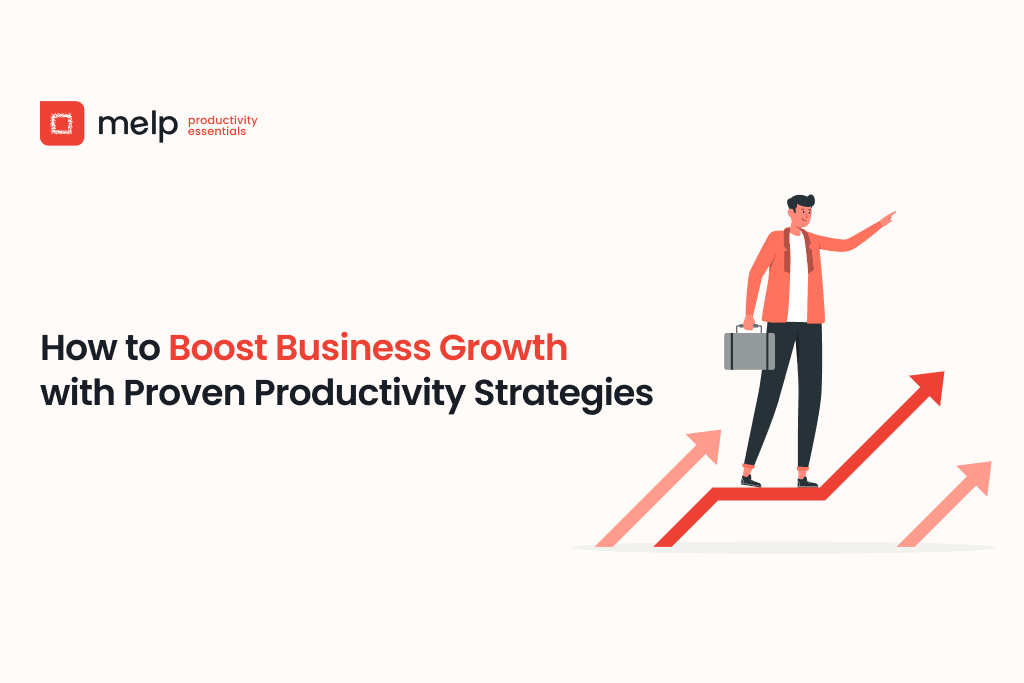 Business professional on an upward arrow, promoting proven productivity strategies for growth