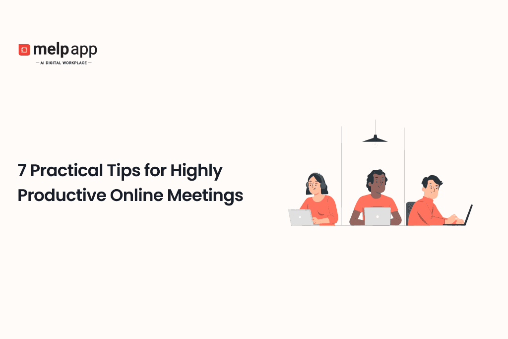 Tips for productive online meetings with remote teams, showing employees collaborating on laptops in a digital workspace.