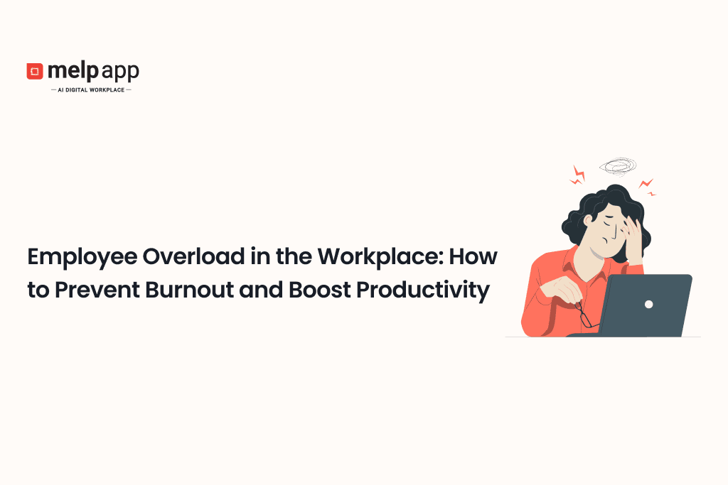 Employee overload and burnout prevention visual showing a stressed worker beside a laptop, focused on workload balance and productivity tips