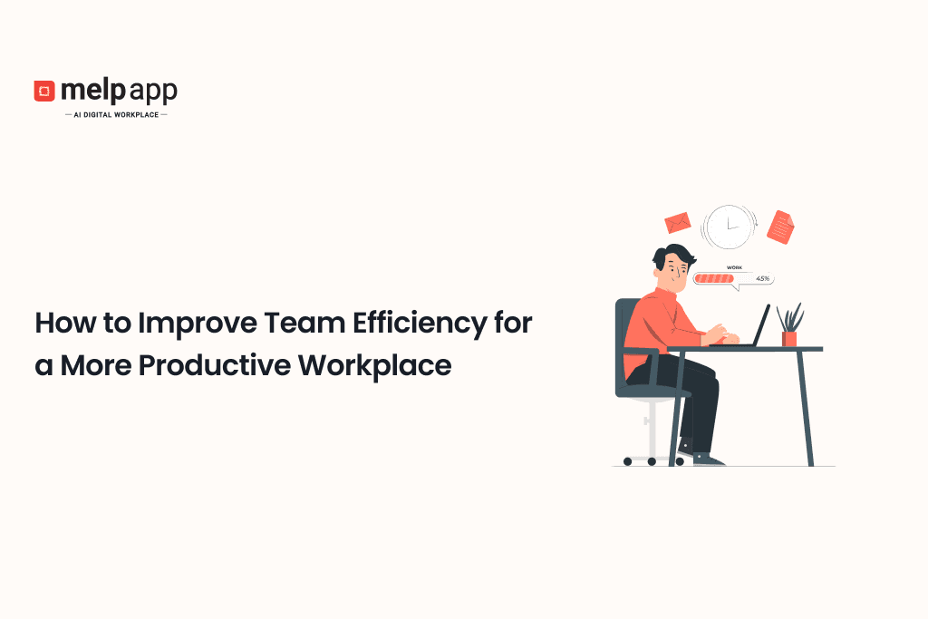 Improving team efficiency for a more productive workplace, depicted as a professional working at a desk with digital tools and time tracking icons.