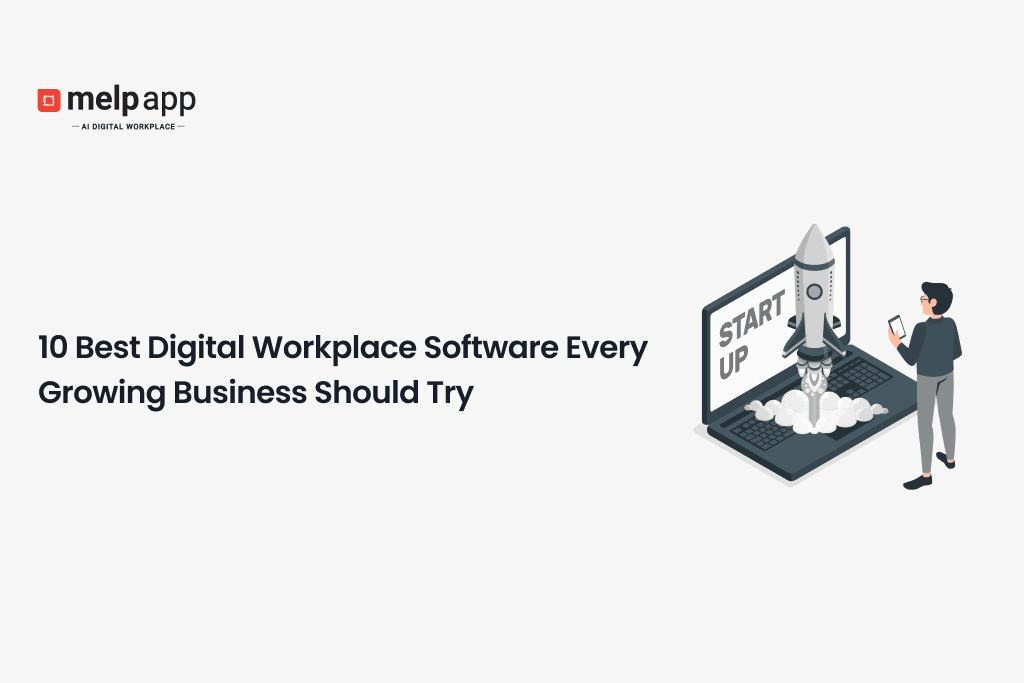 Illustration of a business team using Melp digital workplace software for growth and collaboration