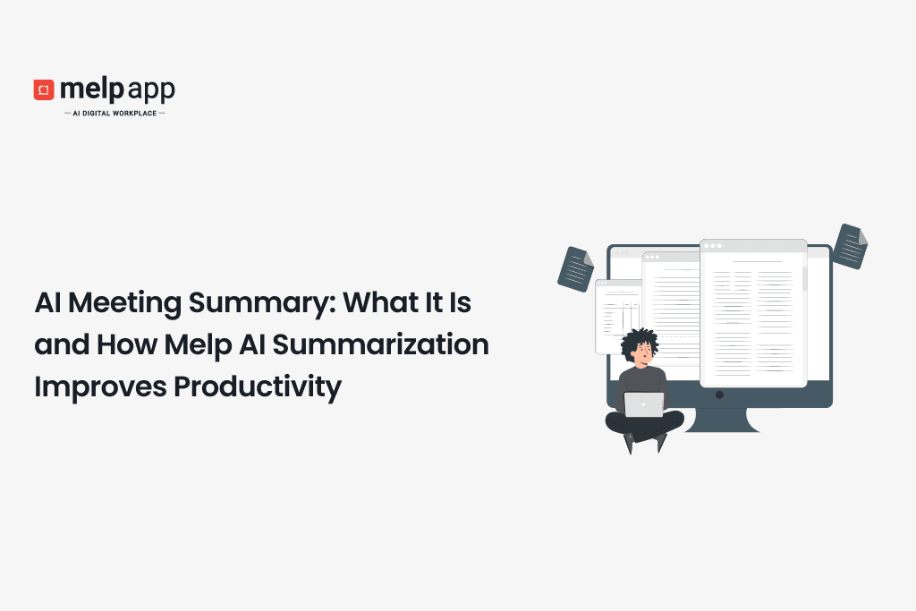Illustration of employee using Melp AI meeting summarization tool to boost productivity