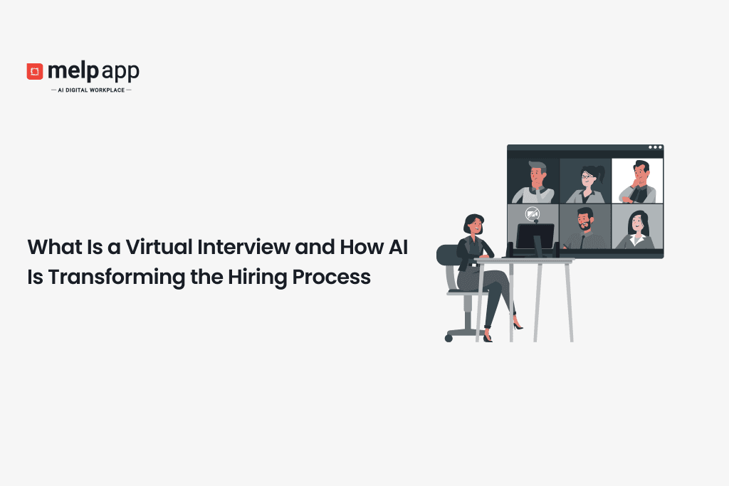 Virtual interview illustration showing remote hiring and AI-driven candidate evaluation