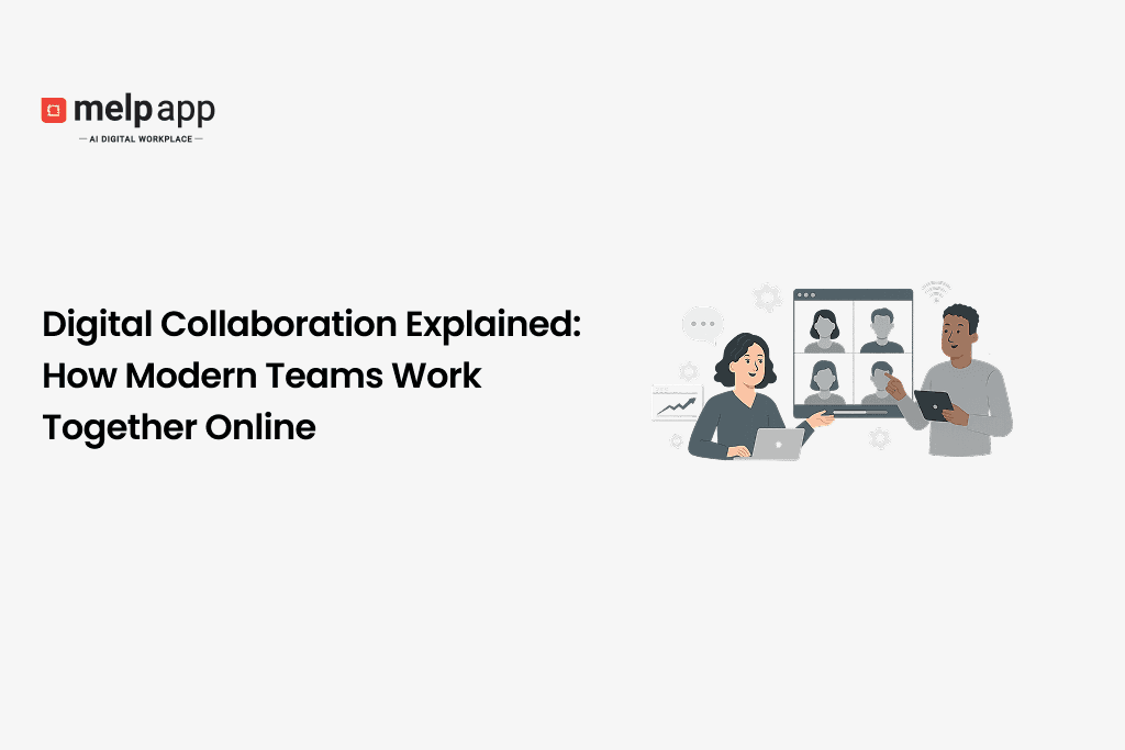 Digital collaboration illustration showing modern teams working online with Melp App