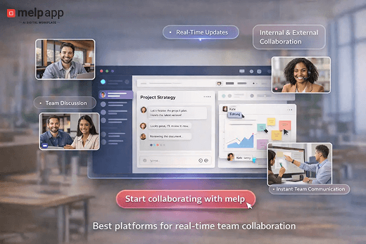 Team members communicating through chat, video calls, and shared documents on best platforms for real-time team collaboration inside melp app