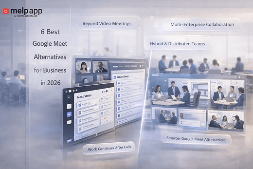 Visual showing google meet alternatives with video meetings and collaboration features displayed inside melp app
