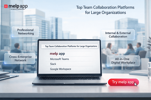Laptop screen showing a comparison list of top team collaboration platforms for large organizations, with melp app highlighted on the display