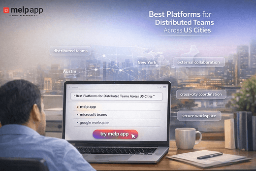 Person working on a laptop showing best platforms for distributed teams across US cities, with melp app connecting locations on screen