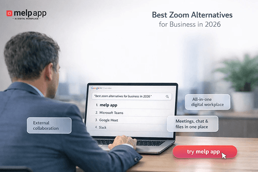 Professional working on a laptop showing best zoom alternatives for business meetings, with melp app listed on the screen