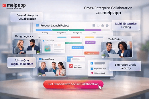 Cross enterprise collaboration dashboard showing multiple teams, partners, and agencies working together on shared project timelines inside melp app