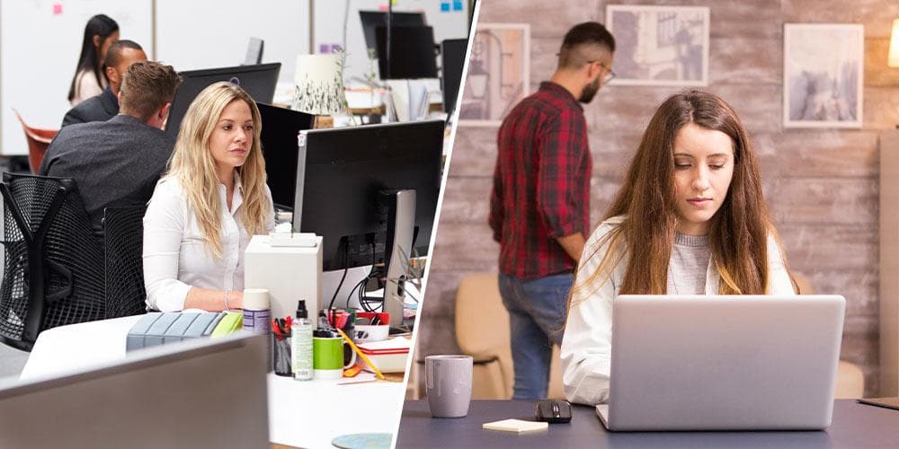 Split-screen image of people on video calls working from home and in an office, highlighting background noise challenges