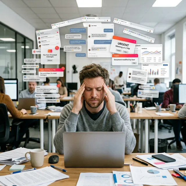 A modern professional surrounded by floating chat windows, meeting notifications, file tabs, and dashboards — all competing for attention