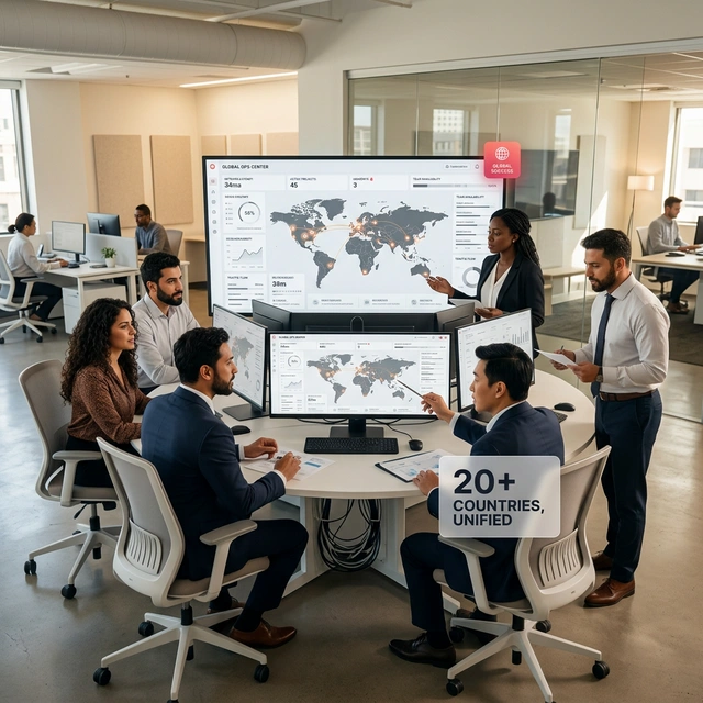 Global IT services team collaborating across countries
